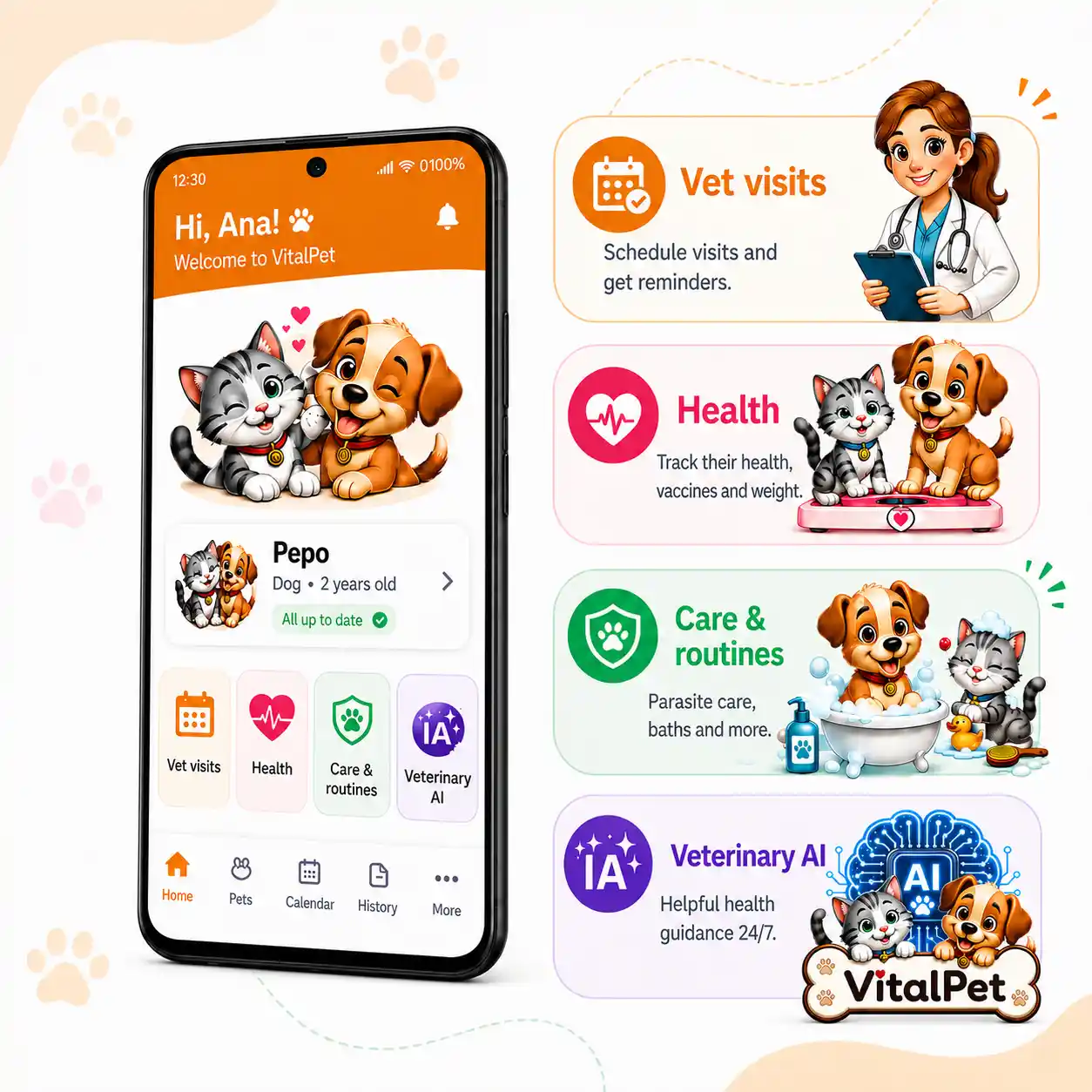 VitalPet app hero visual with a phone, dog and cat mascots, and soft pet care icons.
