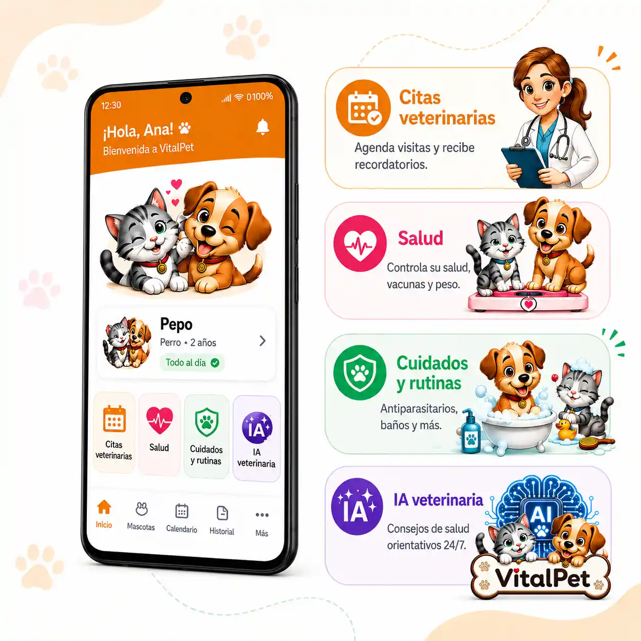 Imagen hero de VitalPet con móvil, perro y gato, e iconos suaves de cuidado de mascotas.
