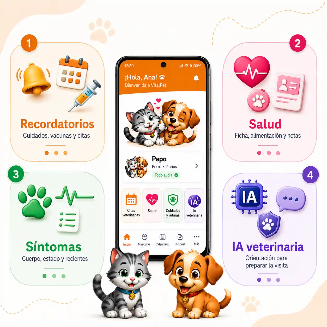 Creatividad de ecosistema VitalPet con recordatorios, salud, síntomas e IA veterinaria.