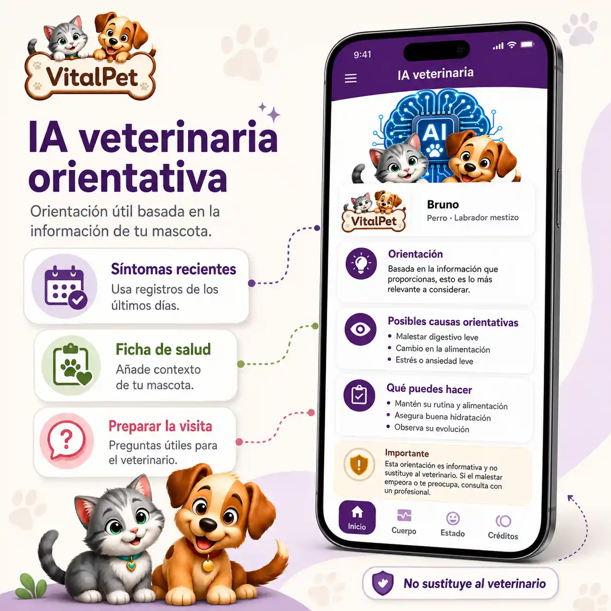 Creatividad de IA veterinaria VitalPet con resultado real y cards de síntomas recientes, ficha de salud y preparación de visita.