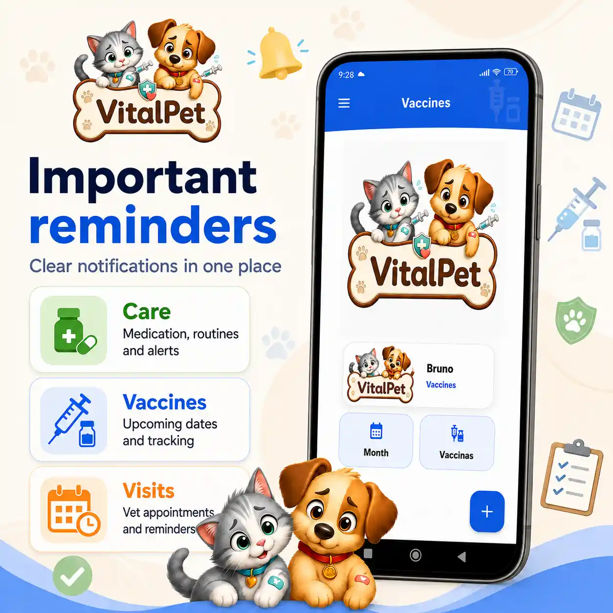 VitalPet reminders visual with real app screen and cards for care, vaccines and vet visits.