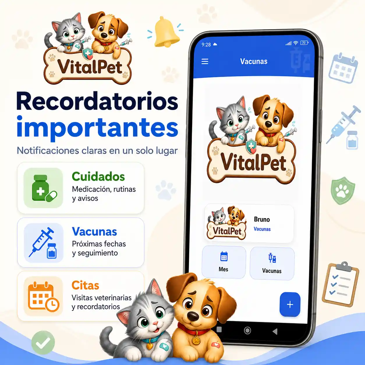 Creatividad de recordatorios VitalPet con pantalla real y cards de cuidados, vacunas y citas.