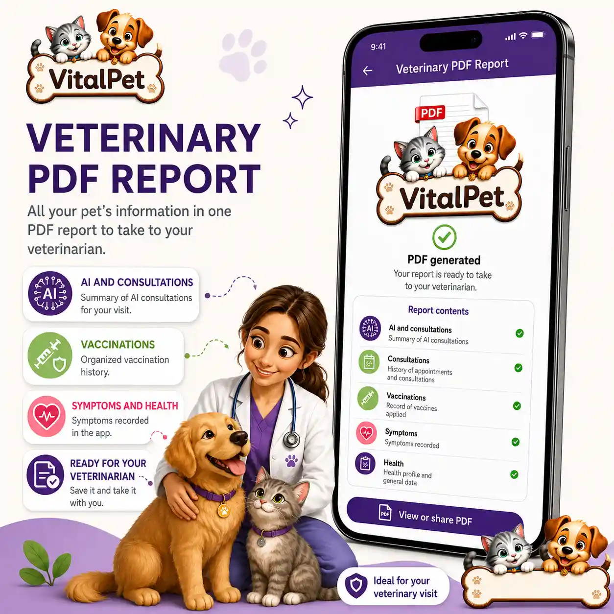 VitalPet veterinary PDF report visual with a real app screen and report contents for AI consultations, visits, vaccines, symptoms and health.