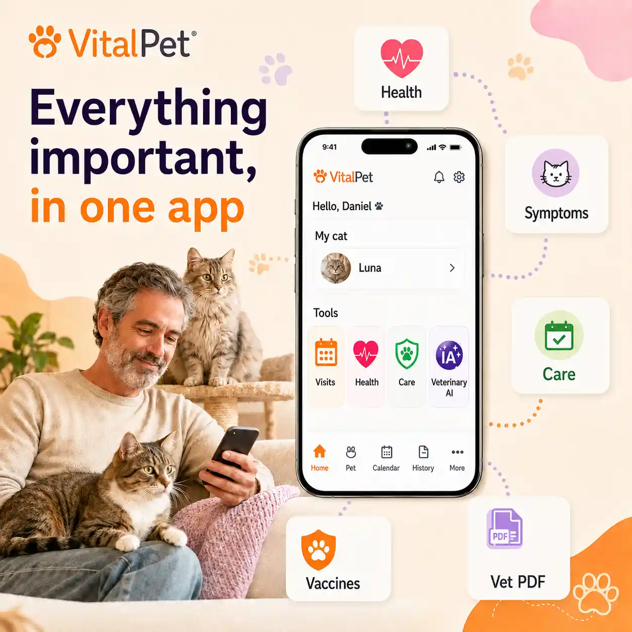 VitalPet connected cat care image with one middle-aged man, cats, a real app screen and cards for health, symptoms, care and PDF.