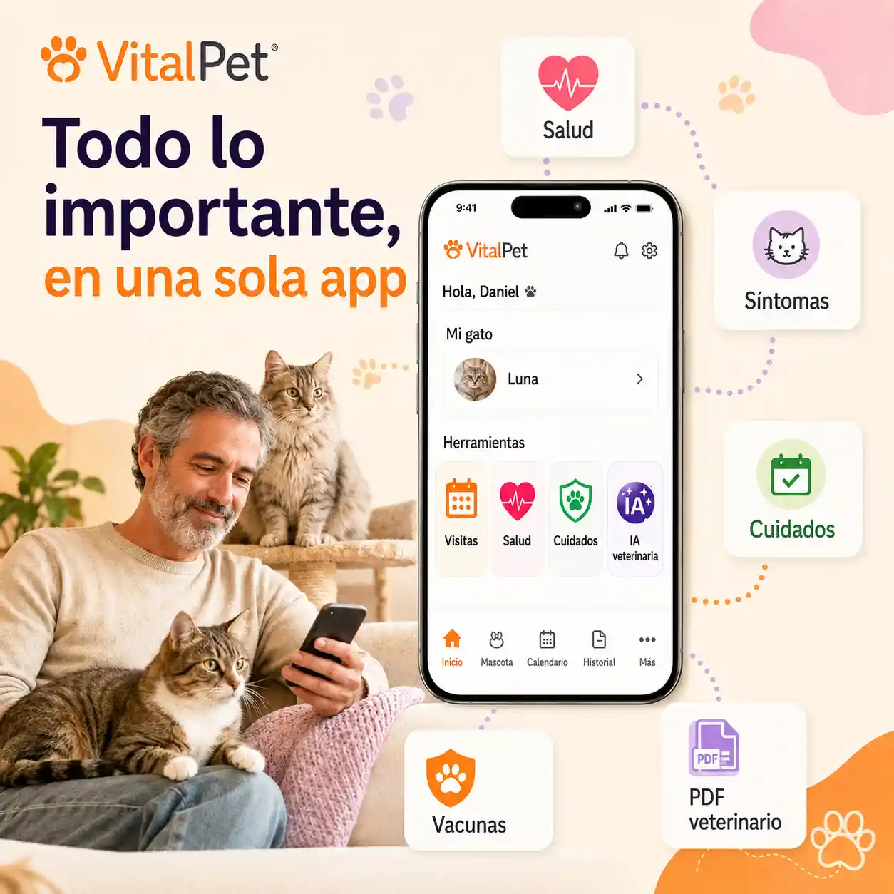 Imagen de cuidado conectado para gatos en VitalPet con hombre de mediana edad, gatos, pantalla real de la app y cards de salud, síntomas, cuidados y PDF.
