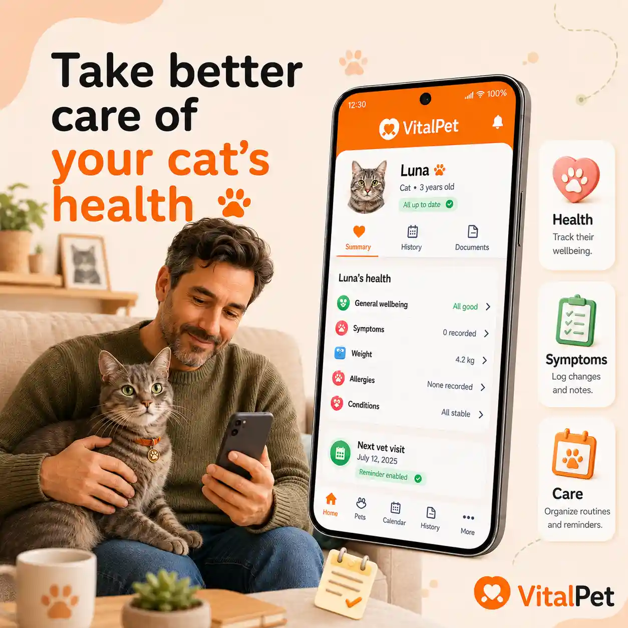 VitalPet cat health tracker hero image with a real app screen, a middle-aged man and a cat in a calm home setting.