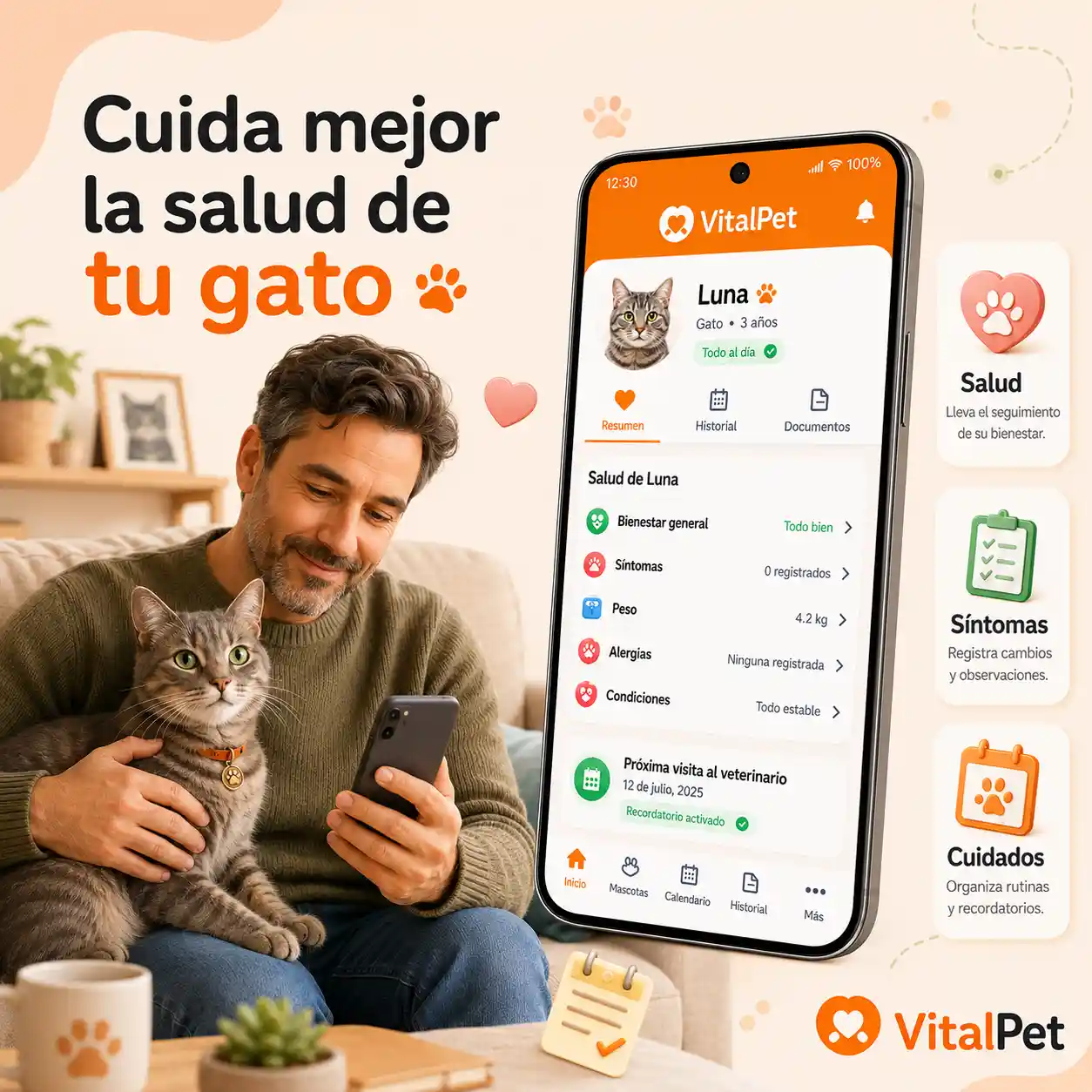 Imagen hero de VitalPet para salud de gatos con pantalla real de la app, hombre de mediana edad y gato en una escena tranquila.