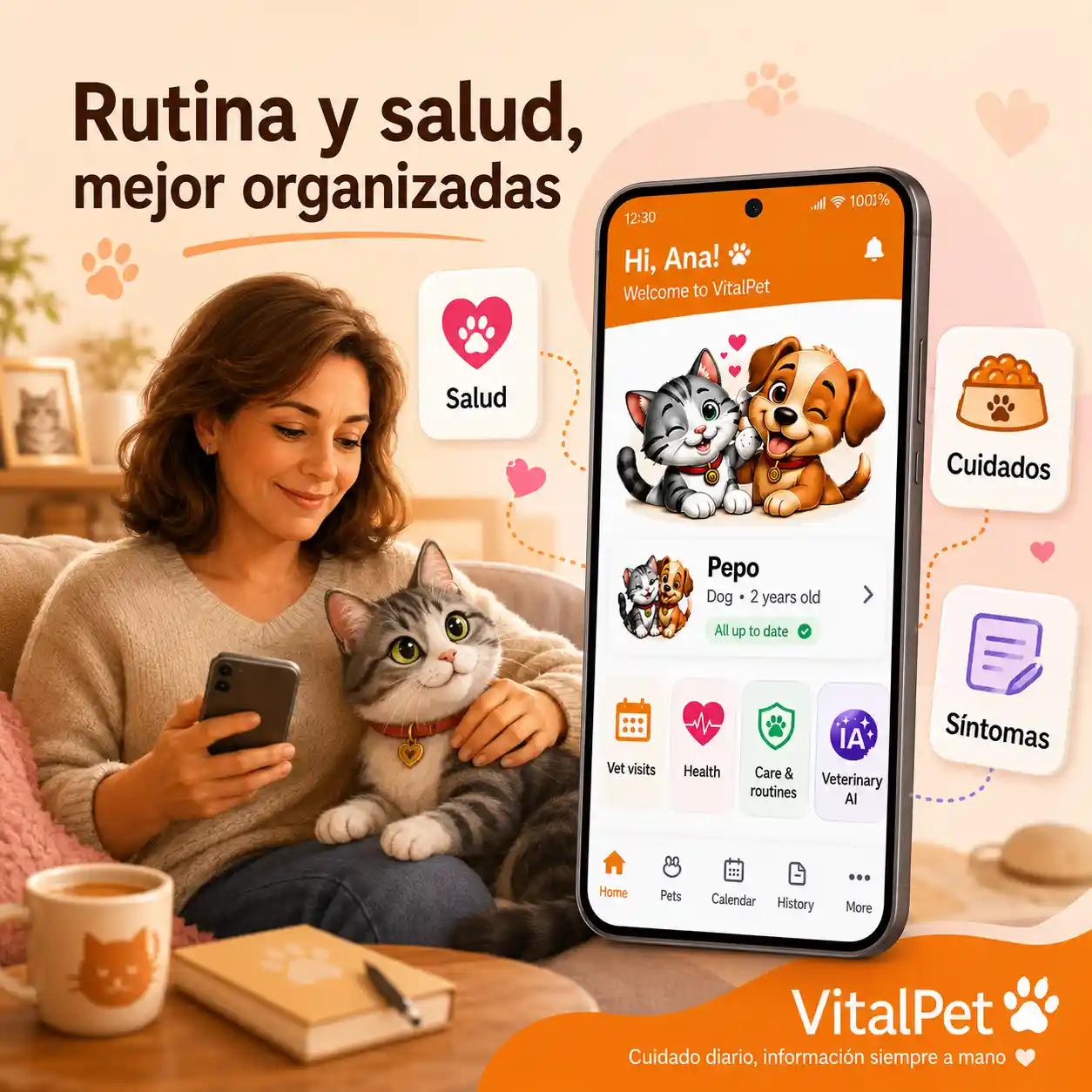 VitalPet cat routine image with a middle-aged woman and her cat, showing health, habits, symptoms and care in the app.