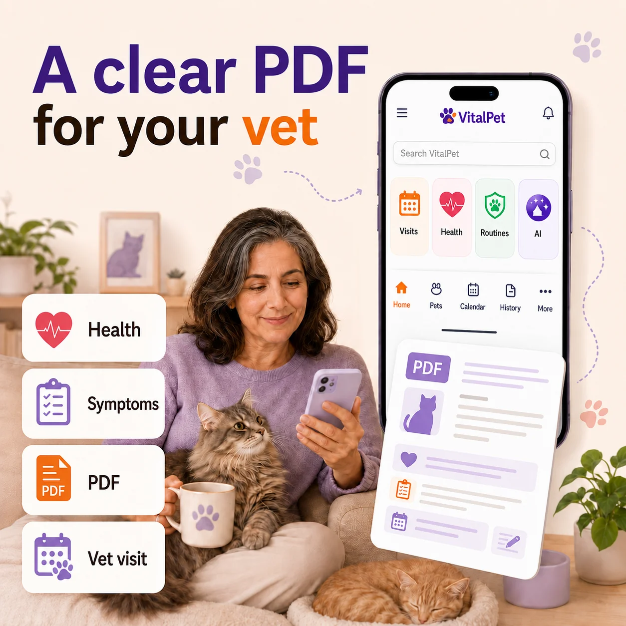VitalPet cat PDF report image with a middle-aged woman, cats, a PDF report and a real app screen without dogs.