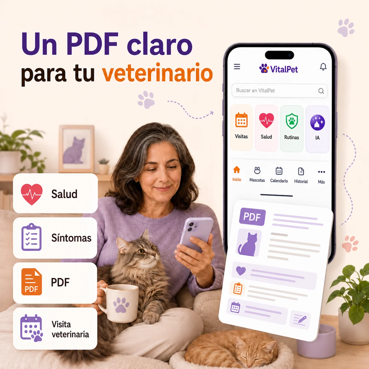 Imagen de PDF veterinario para gatos con mujer de mediana edad, gatos, documento PDF y pantalla real de VitalPet sin perros.
