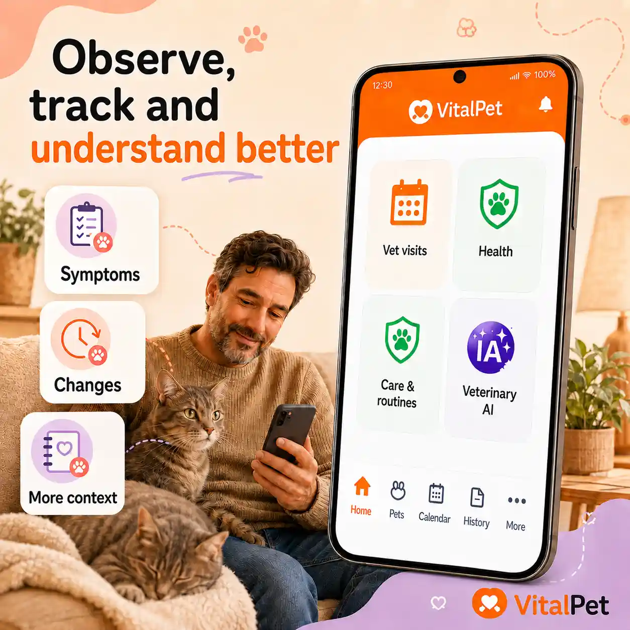VitalPet cat symptoms image with a middle-aged man and cats, showing a real app screen without dogs.