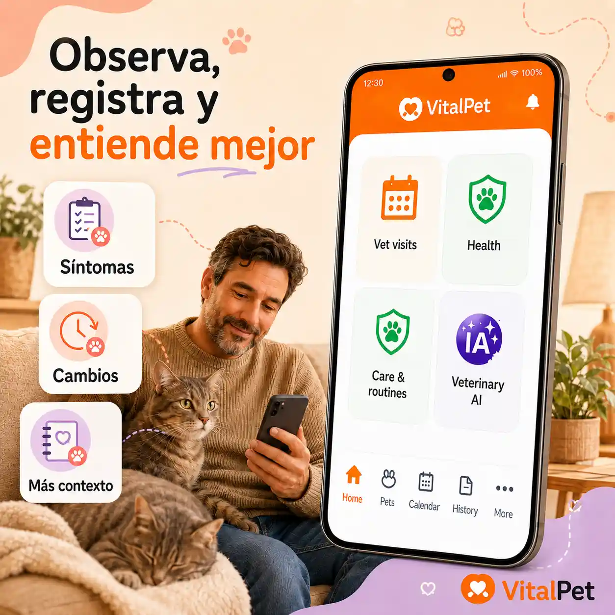 Imagen de síntomas de gato en VitalPet con hombre de mediana edad, gatos y pantalla real de la app sin perros.