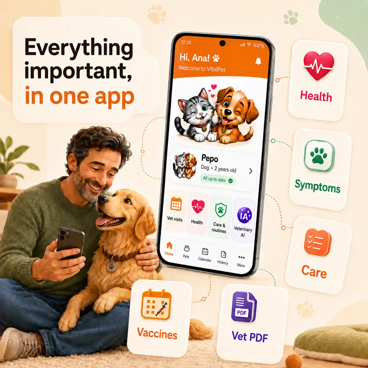 VitalPet connected dog care image with one middle-aged owner, a dog, a real app screen and connected health, symptoms, care and PDF cards.