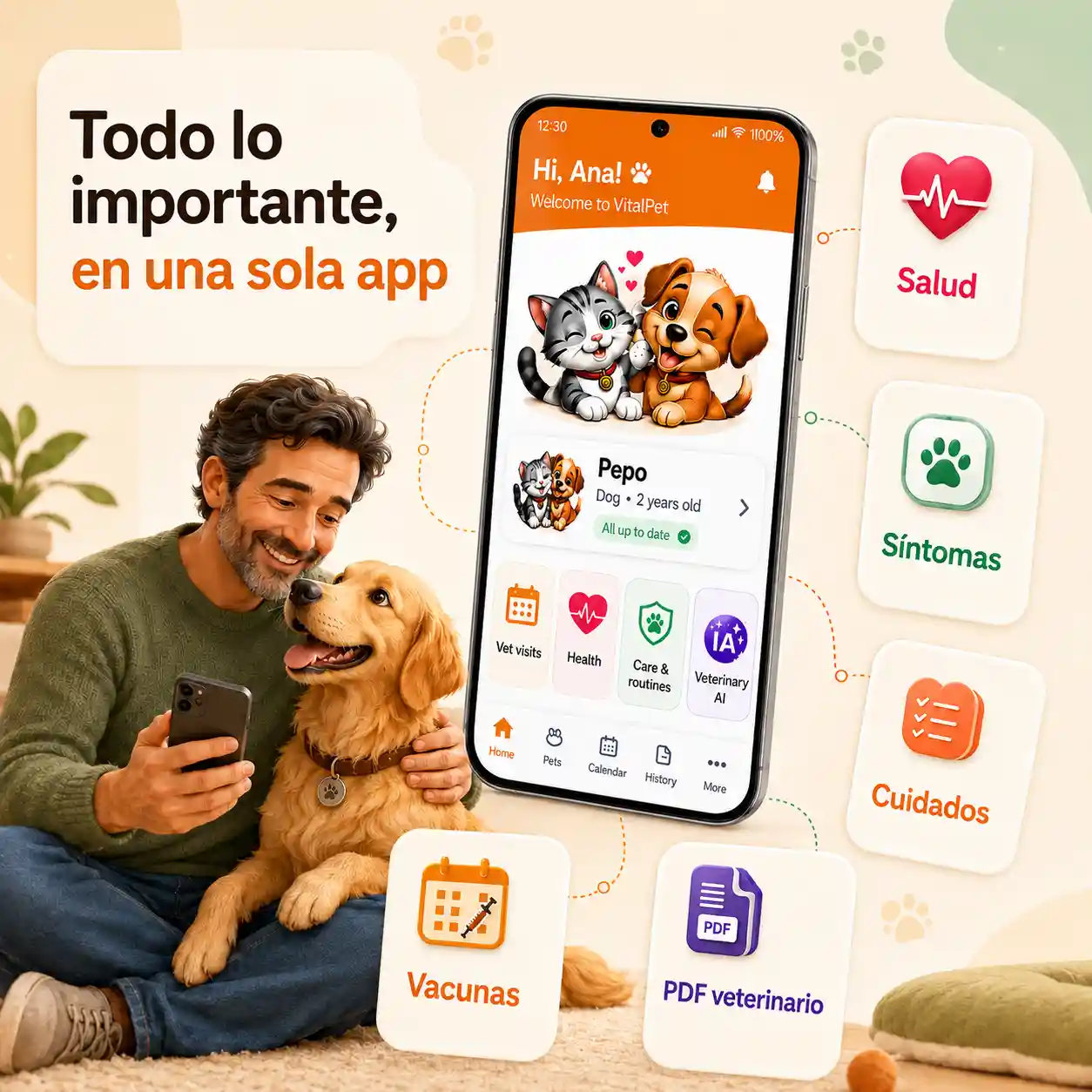 Imagen de cuidado conectado para perros en VitalPet con una persona de mediana edad, perro, pantalla real de la app y cards de salud, síntomas, cuidados y PDF.