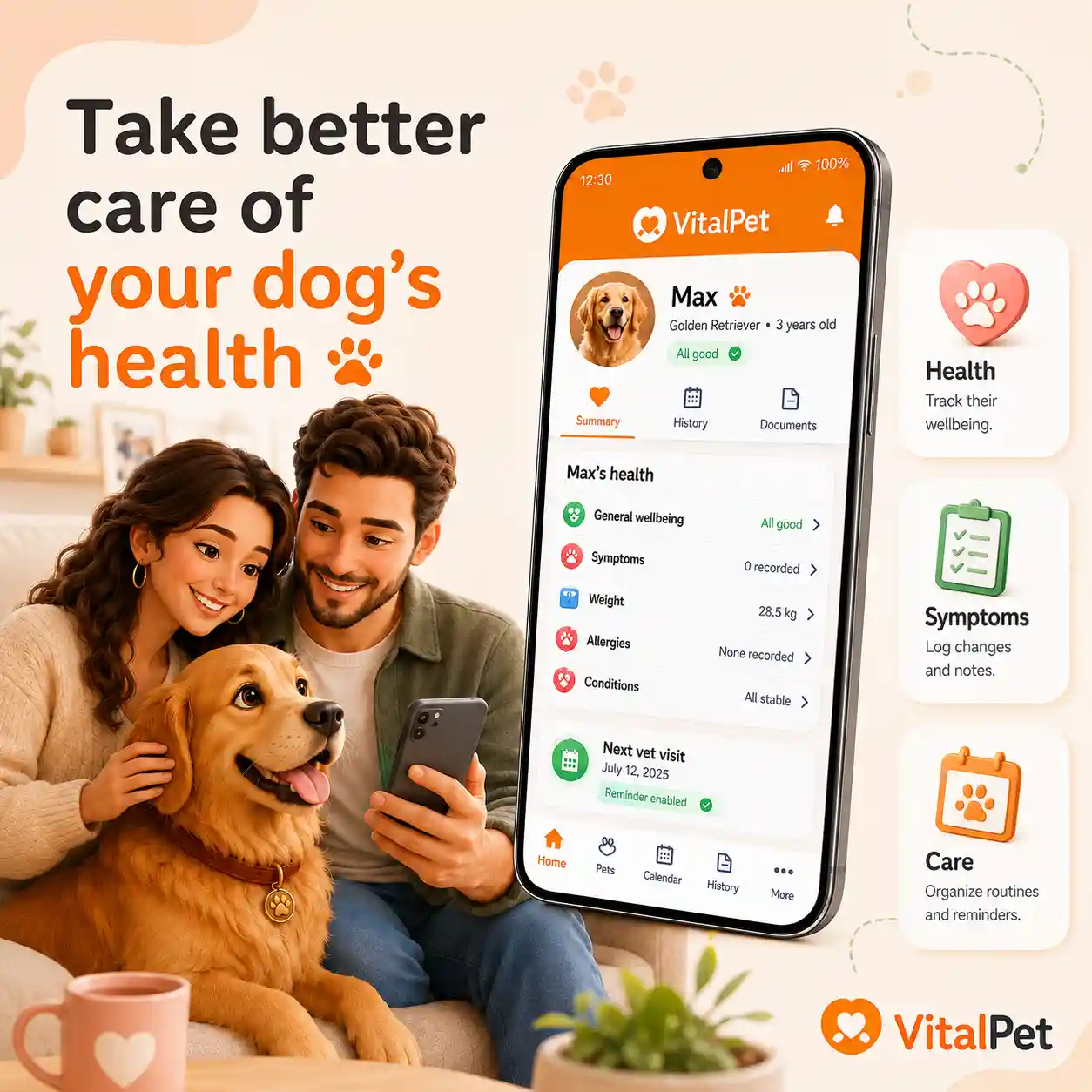 VitalPet dog health tracker hero image with a real app screen, a dog and middle-aged pet owners using the app.