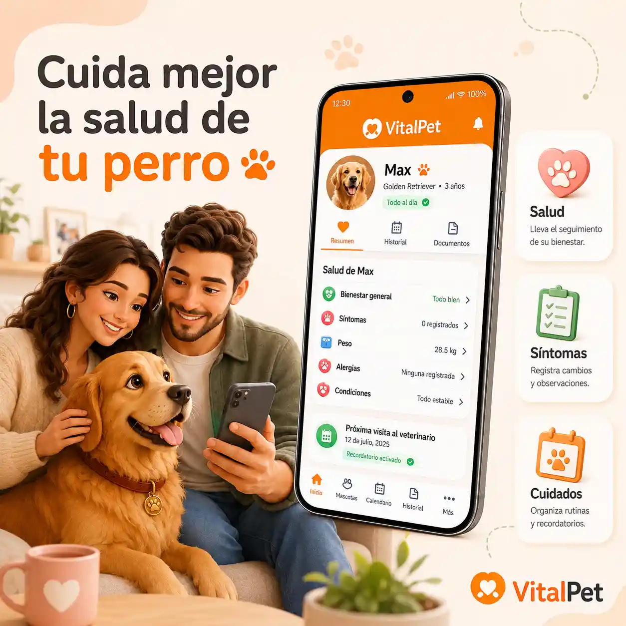Imagen hero de VitalPet para salud de perros con pantalla real de la app, un perro y cuidadores de mediana edad usando la app.