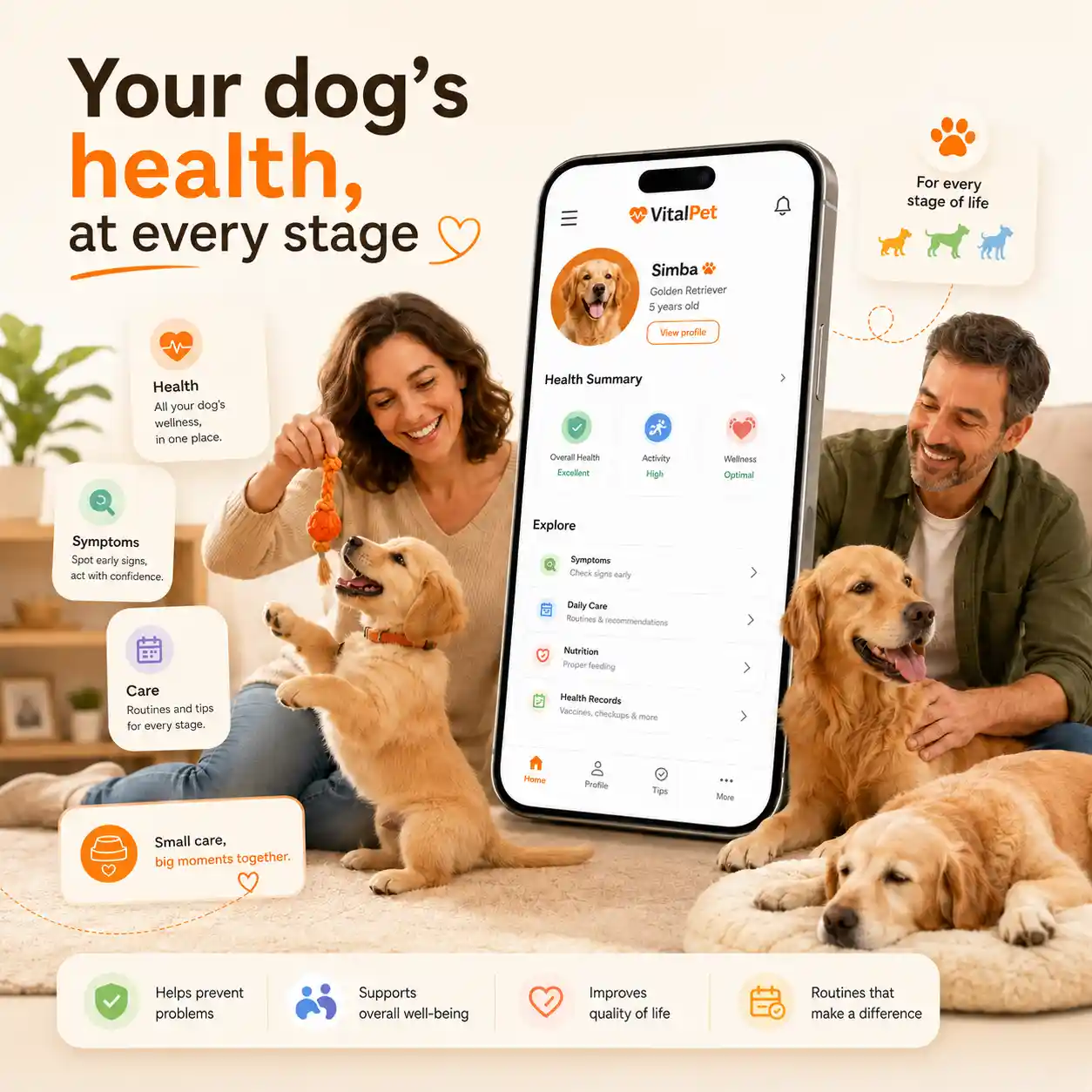 VitalPet dog health image showing middle-aged people with dogs at different life stages and a real app screen.