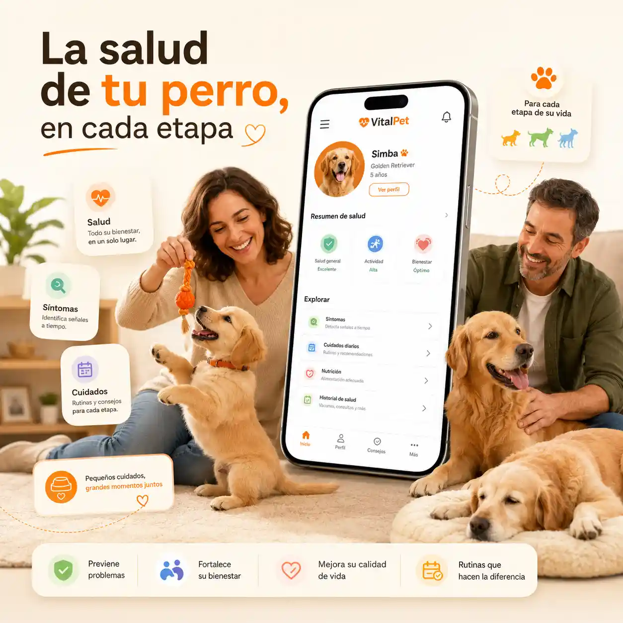 Imagen de VitalPet salud para perros con personas de mediana edad, perros en distintas etapas y pantalla real de la app.
