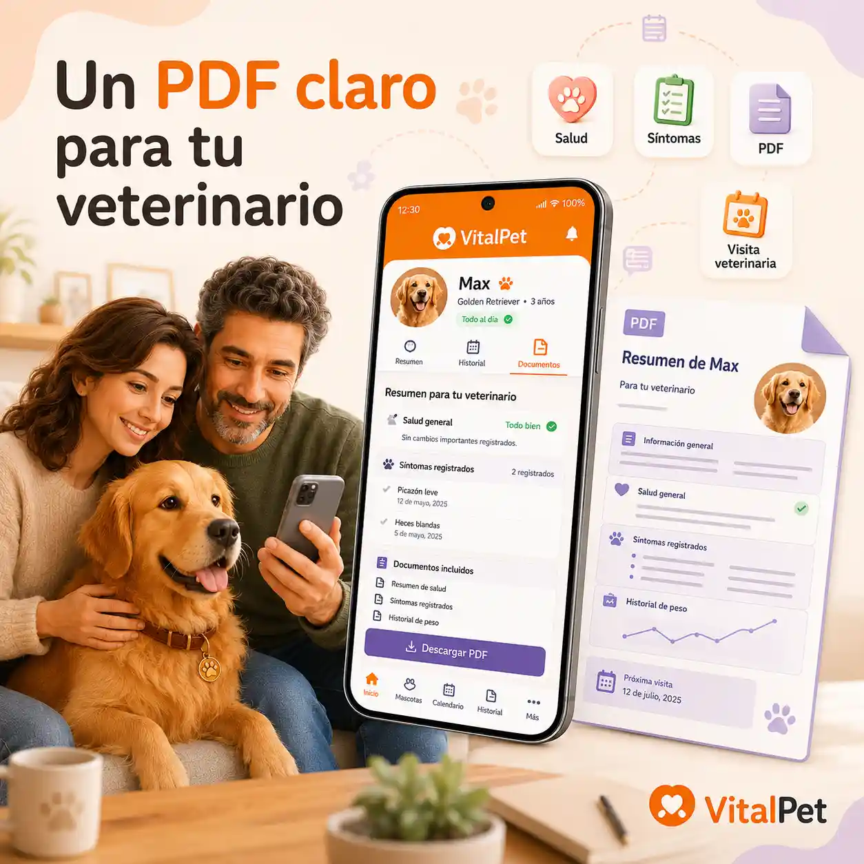 Imagen de PDF veterinario para perros con pantalla real de VitalPet, documento PDF visual y cuidadores preparando la visita.