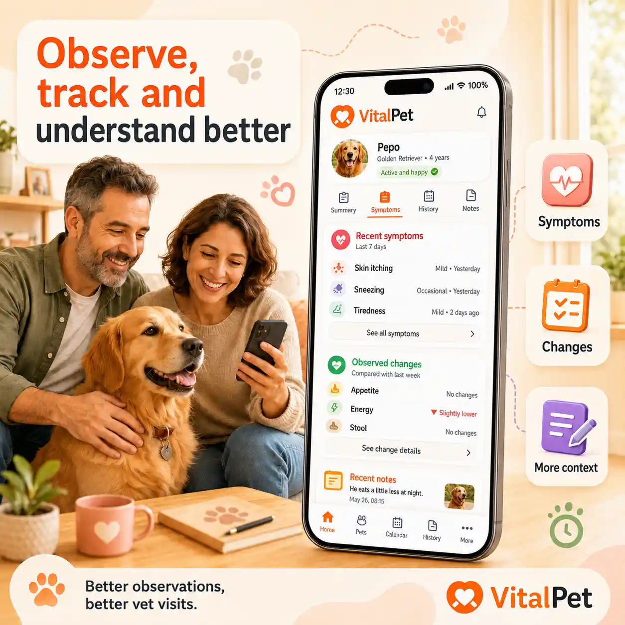 VitalPet dog symptoms image with a real symptoms app screen and middle-aged owners observing their dog at home.