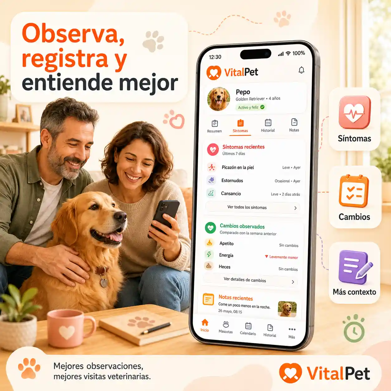 Imagen de síntomas de perro en VitalPet con pantalla real de la app y cuidadores de mediana edad observando a su perro en casa.