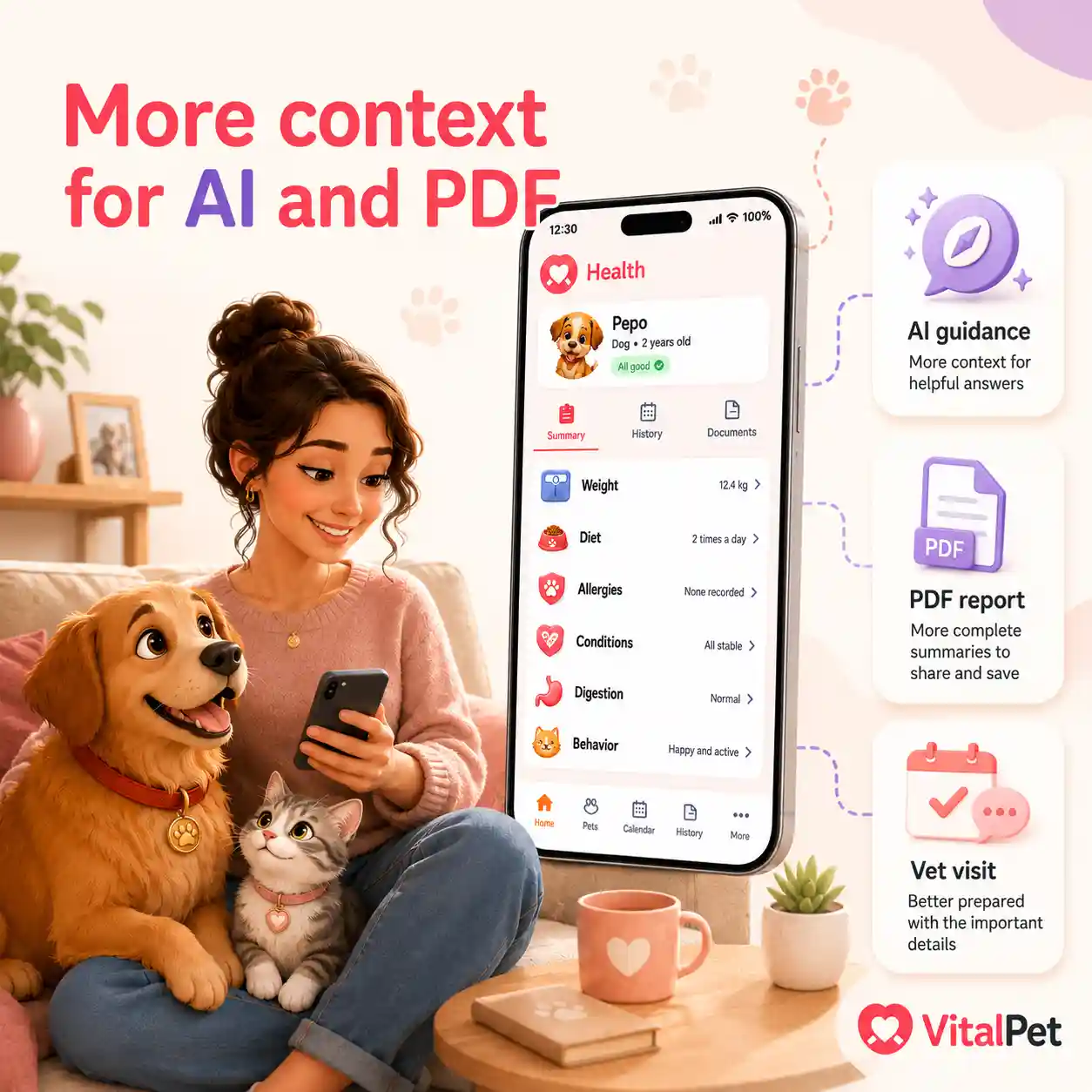 VitalPet health context image with a man and woman caring for a pet, health profile, AI guidance and PDF report cards.