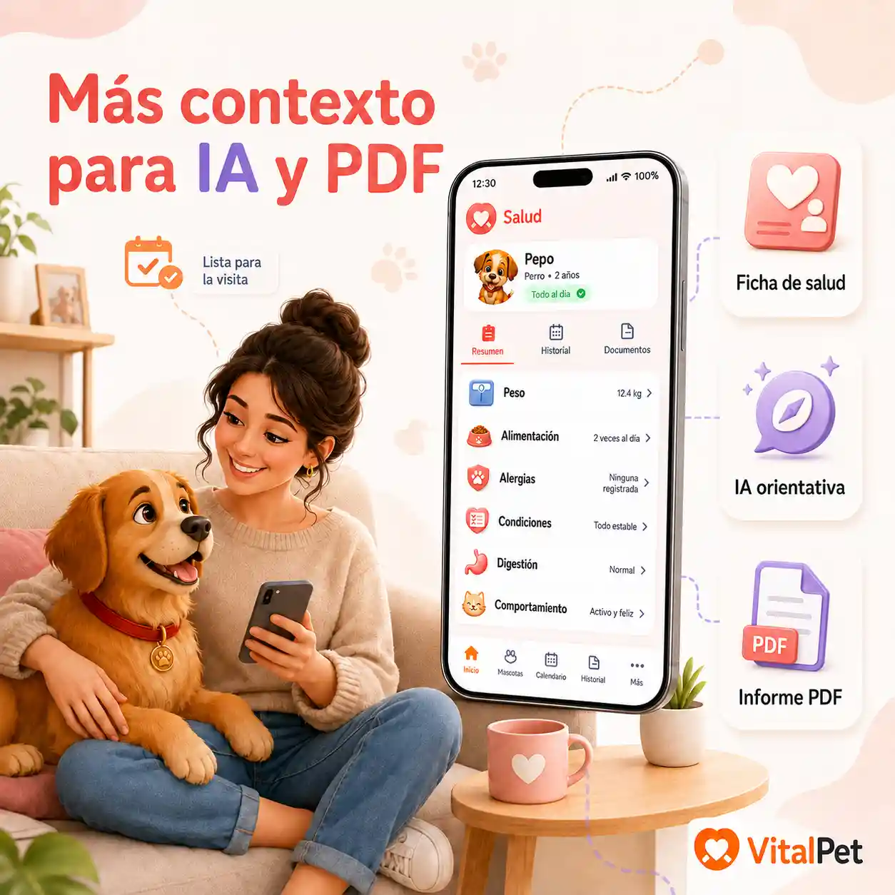 Imagen de contexto de Salud de VitalPet con hombre y mujer cuidando una mascota, ficha de salud, IA orientativa e informe PDF.