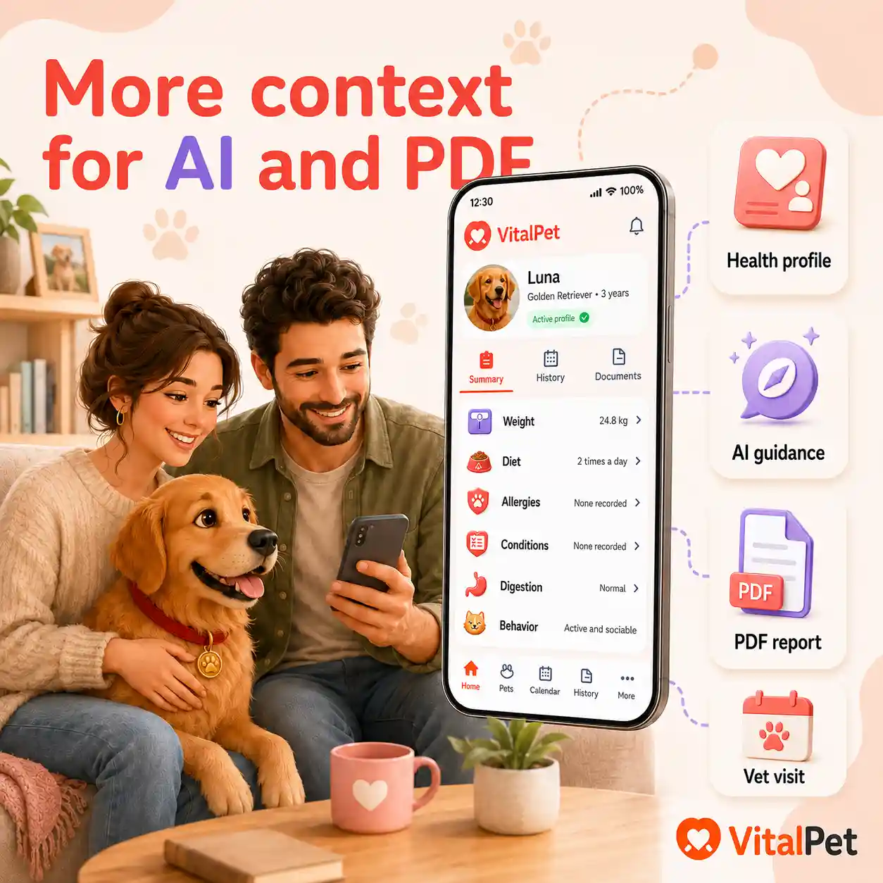 VitalPet Health image with a couple reviewing their pet health profile for useful context when memory is not enough.