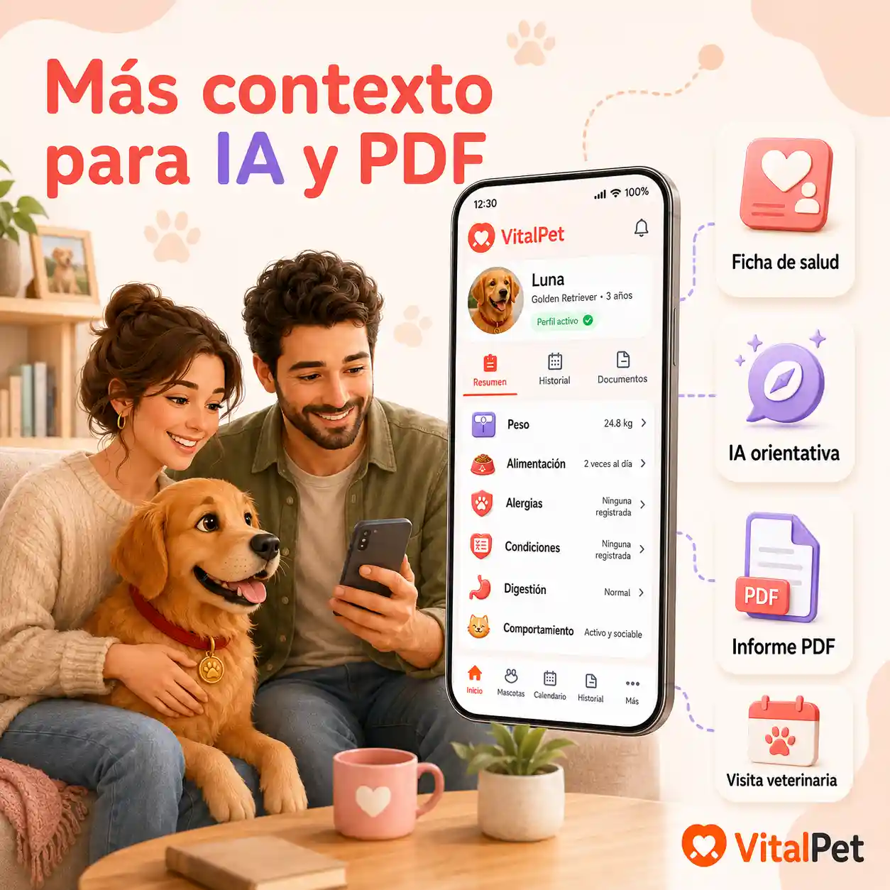 Imagen de VitalPet Salud con una pareja revisando la ficha de salud de su mascota para tener más contexto cuando la memoria no basta.