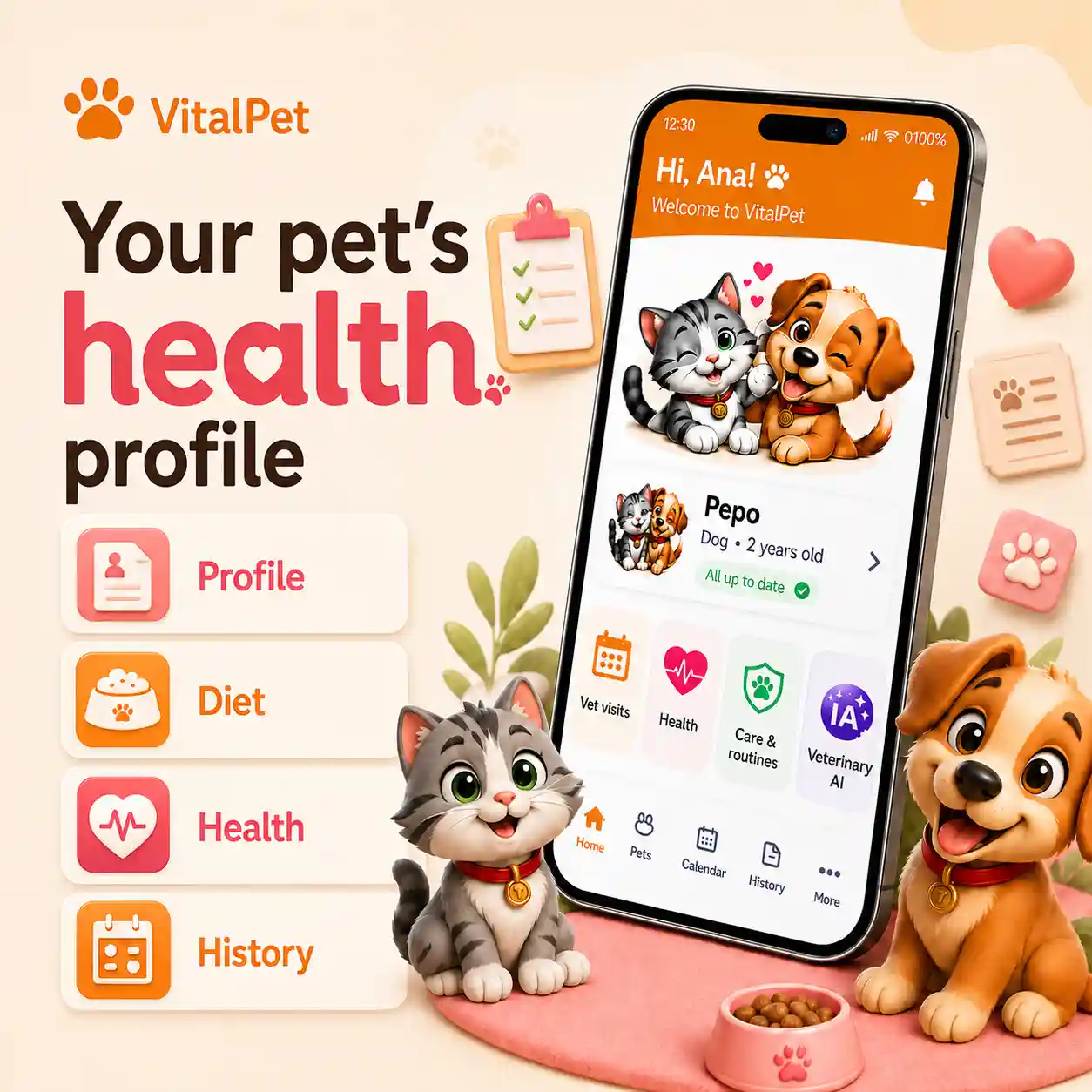 VitalPet health profile hero image with a real app screen, dog and cat, and a warm pet health message.