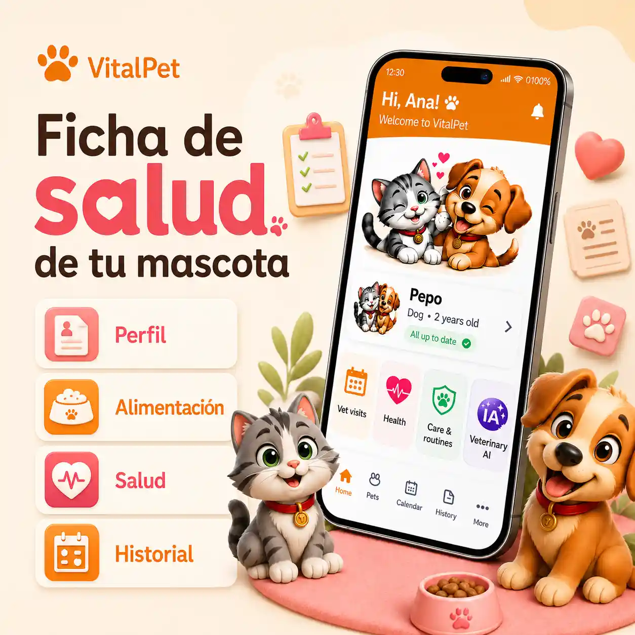 Imagen hero de ficha de salud de VitalPet con pantalla real de la app, perro y gato, y mensaje cálido de salud de mascotas.