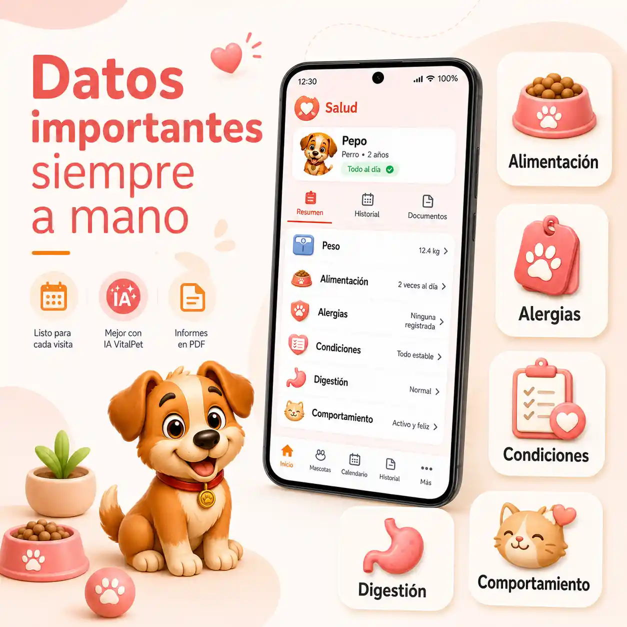 Imagen de Salud de VitalPet con datos importantes de mascota como alimentación, alergias, condiciones, digestión y comportamiento.