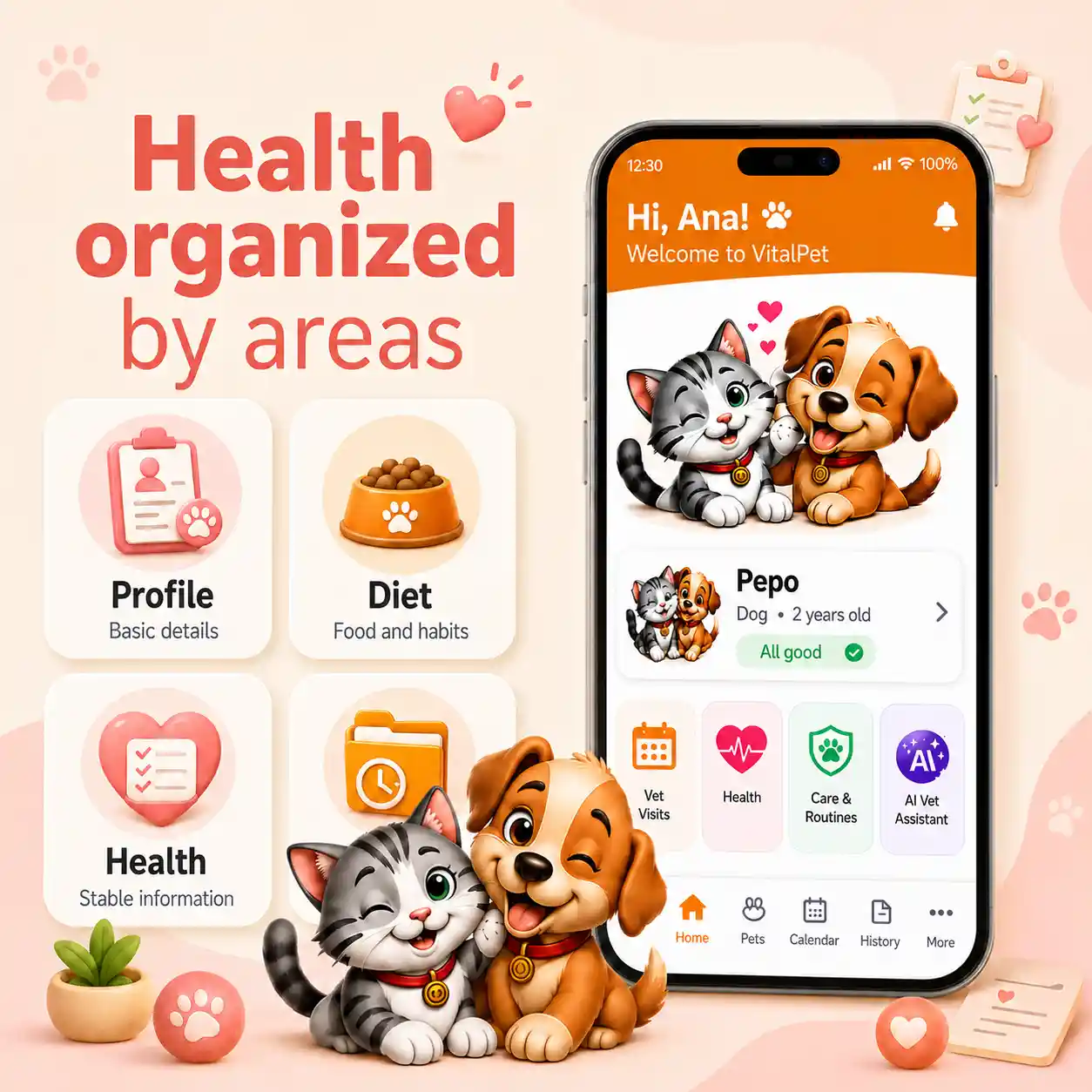 VitalPet health image showing profile, diet, health and history sections organized by areas.