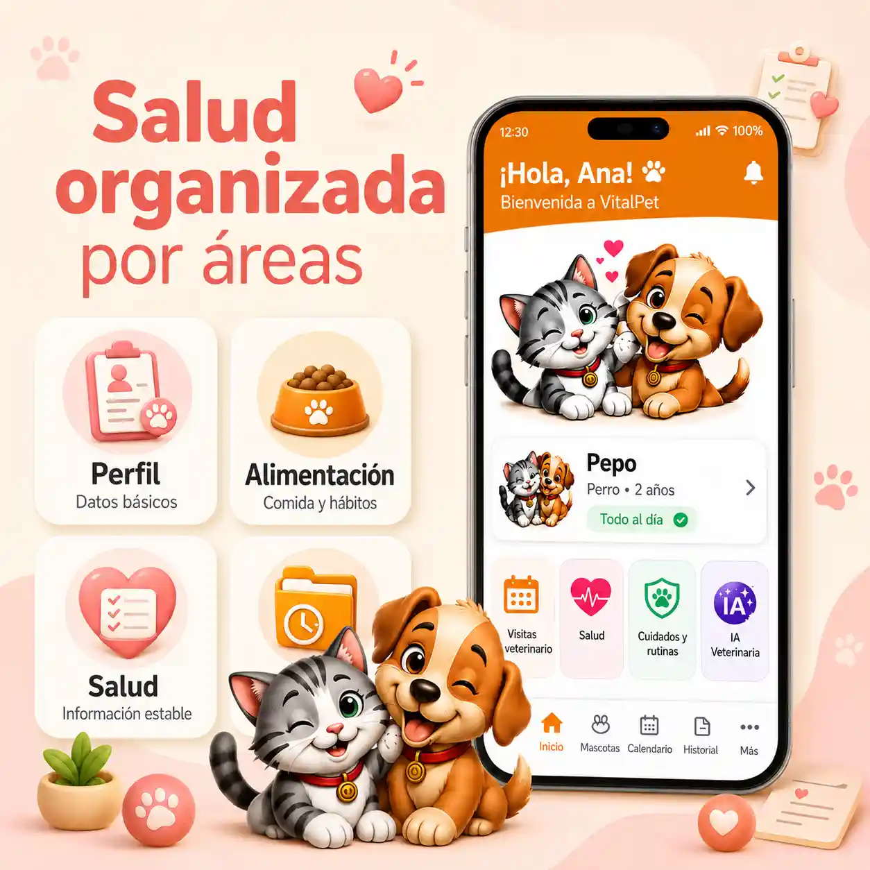Imagen de Salud de VitalPet mostrando perfil, alimentación, salud e historial organizados por áreas.