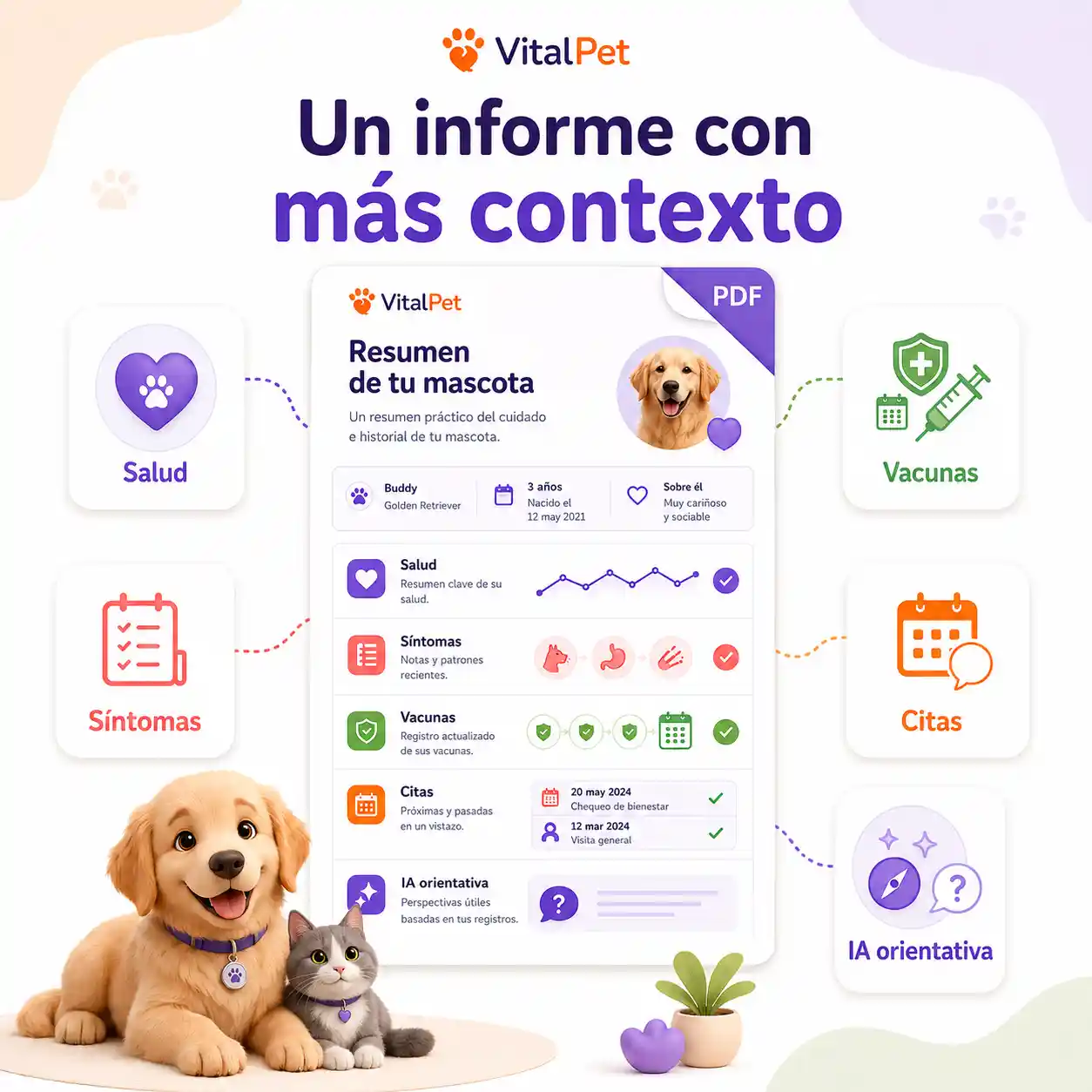 Imagen de informe PDF conectado de VitalPet mostrando salud, síntomas, vacunas, citas e IA orientativa como fuentes del informe.