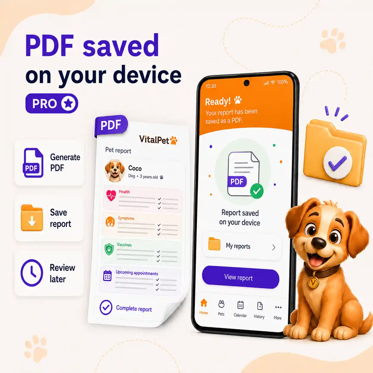 VitalPet PDF report image showing a PDF saved on the user device with a real app screen and visual document.