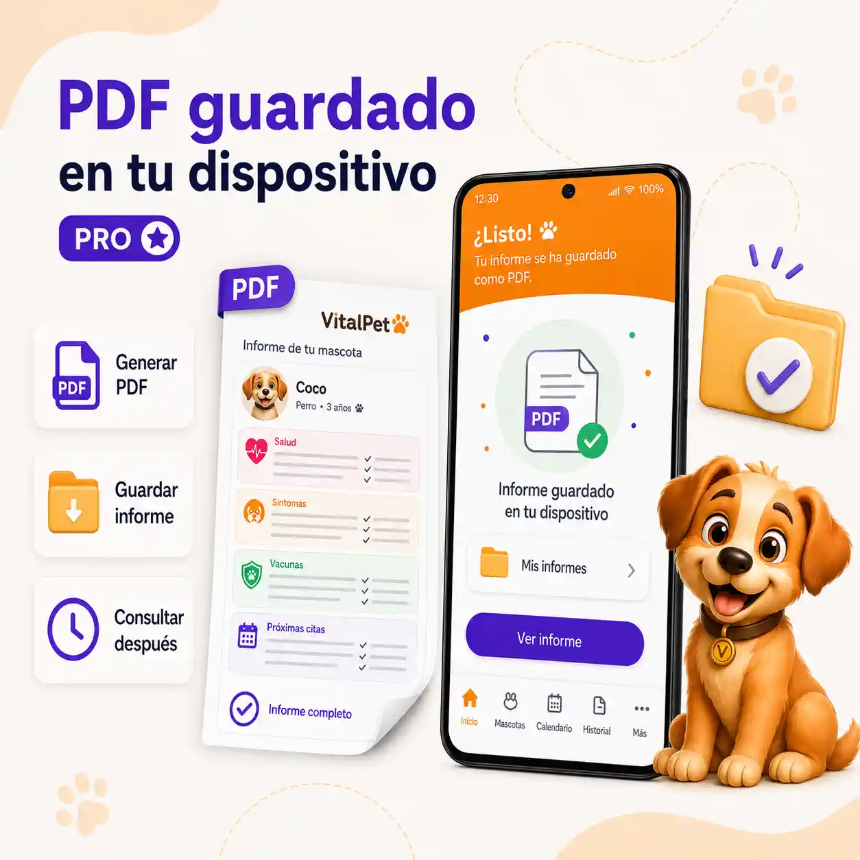 Imagen de informe PDF de VitalPet mostrando un PDF guardado en el dispositivo con pantalla real de la app y documento visual.