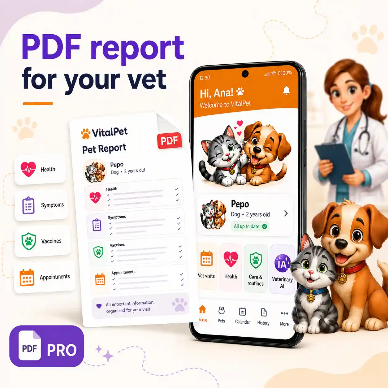 VitalPet PDF report hero image with a real app screen, a visual PDF document, dog and cat, and a veterinary visit message.