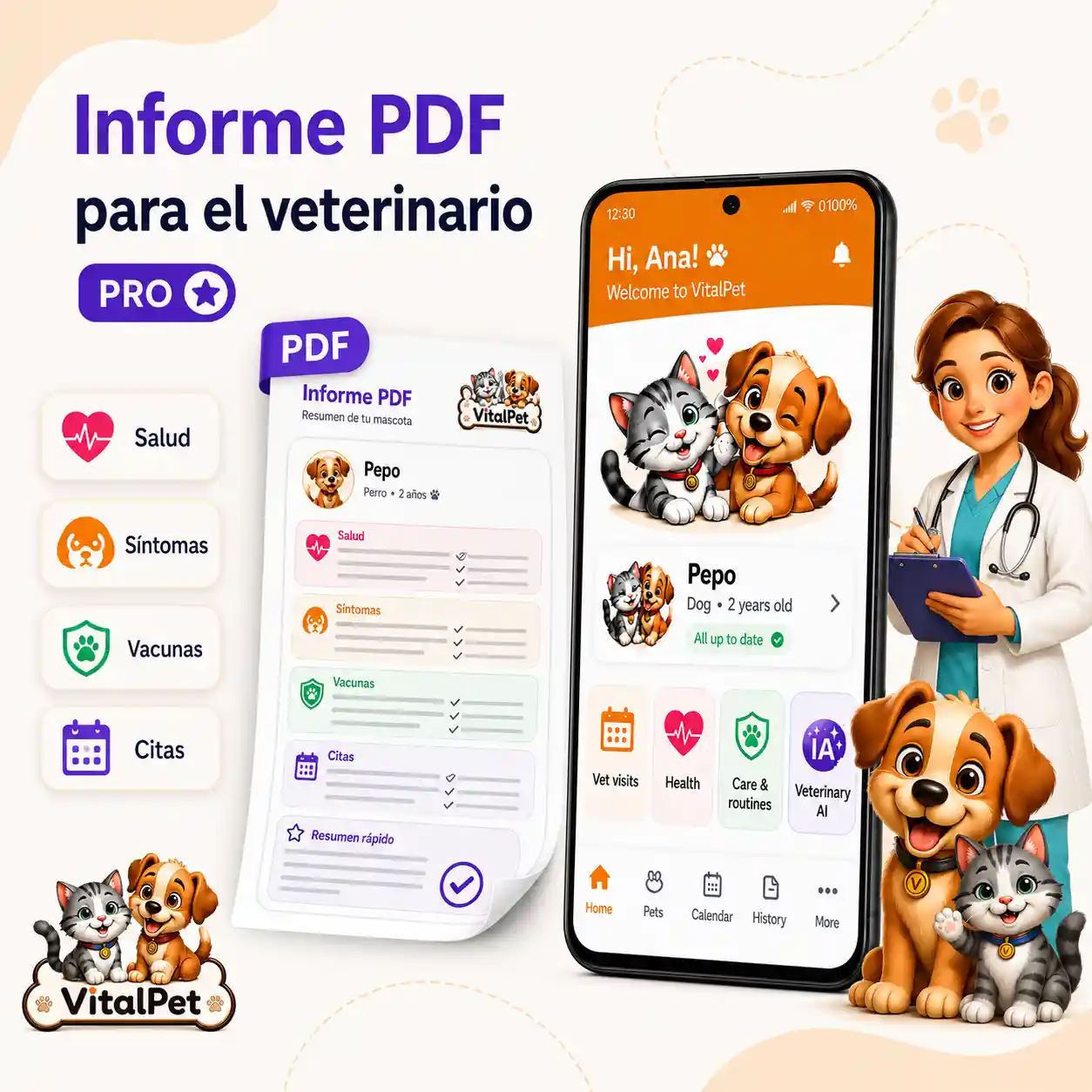 Imagen hero de informe PDF veterinario de VitalPet con pantalla real de la app, documento PDF visual, perro y gato, y mensaje de visita veterinaria.