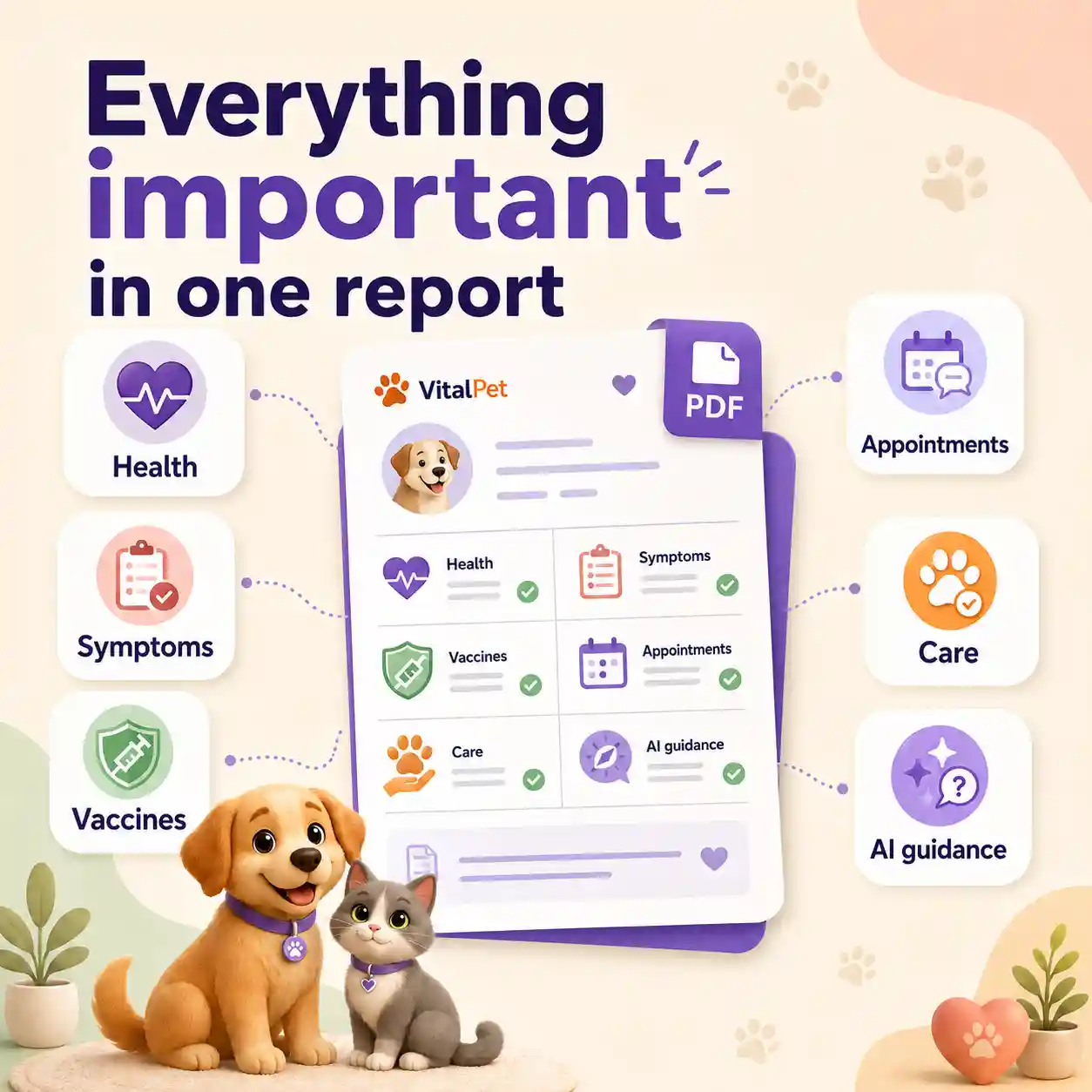 VitalPet PDF report contents image showing health, symptoms, vaccines, appointments, care and AI guidance sections.