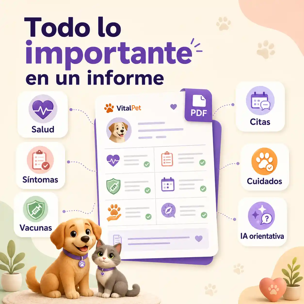 Imagen de contenidos del informe PDF de VitalPet con salud, síntomas, vacunas, citas, cuidados e IA orientativa.