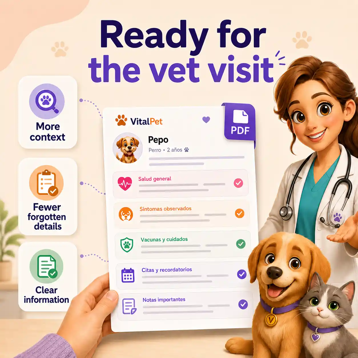 VitalPet PDF report image showing a friendly veterinary visit with a visual PDF report and calm pet.