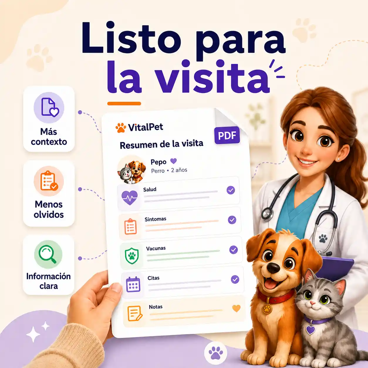 Imagen de informe PDF de VitalPet mostrando una visita veterinaria amable con documento PDF visual y mascota tranquila.