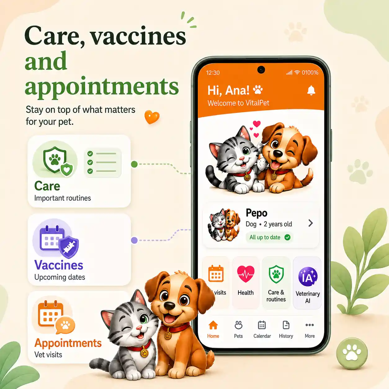 VitalPet reminders image showing care, vaccines and veterinary appointments as organized reminder areas.