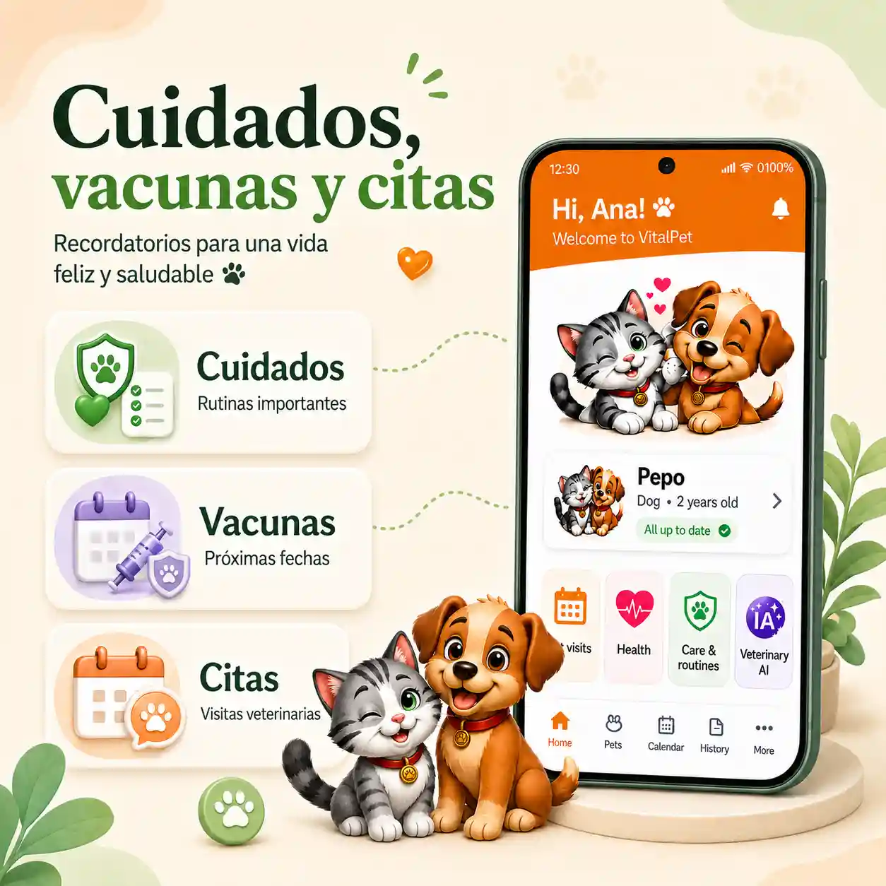 Imagen de recordatorios de VitalPet mostrando cuidados, vacunas y citas veterinarias como áreas organizadas.
