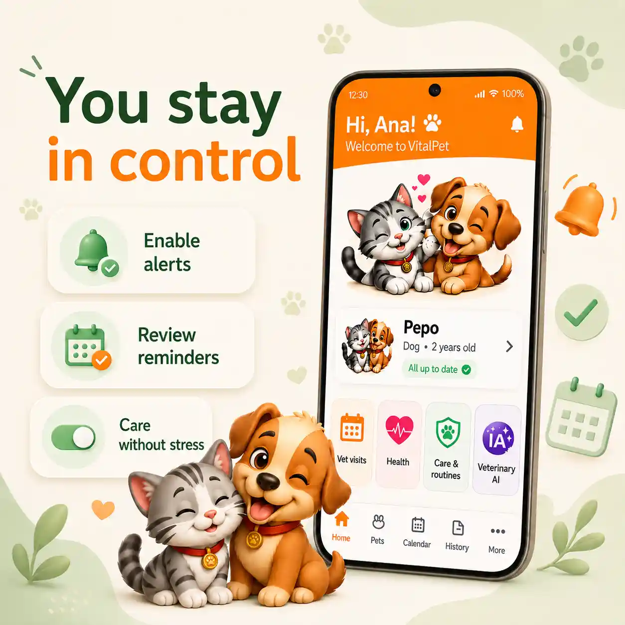 VitalPet reminders control image showing that users stay in control of pet care alerts and reminders.