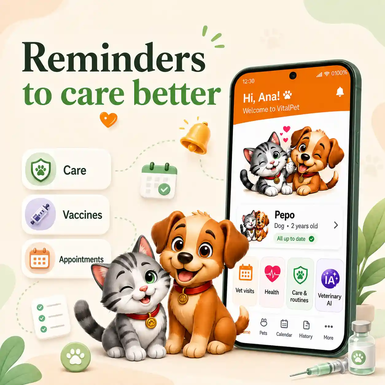 VitalPet reminders hero image with a real app screen, dog and cat, and a calm reminder message.