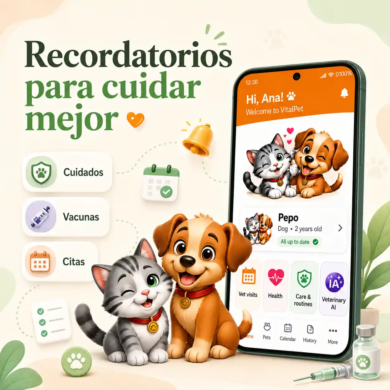 Imagen hero de recordatorios de VitalPet con pantalla real de la app, perro y gato, y mensaje de cuidado organizado.