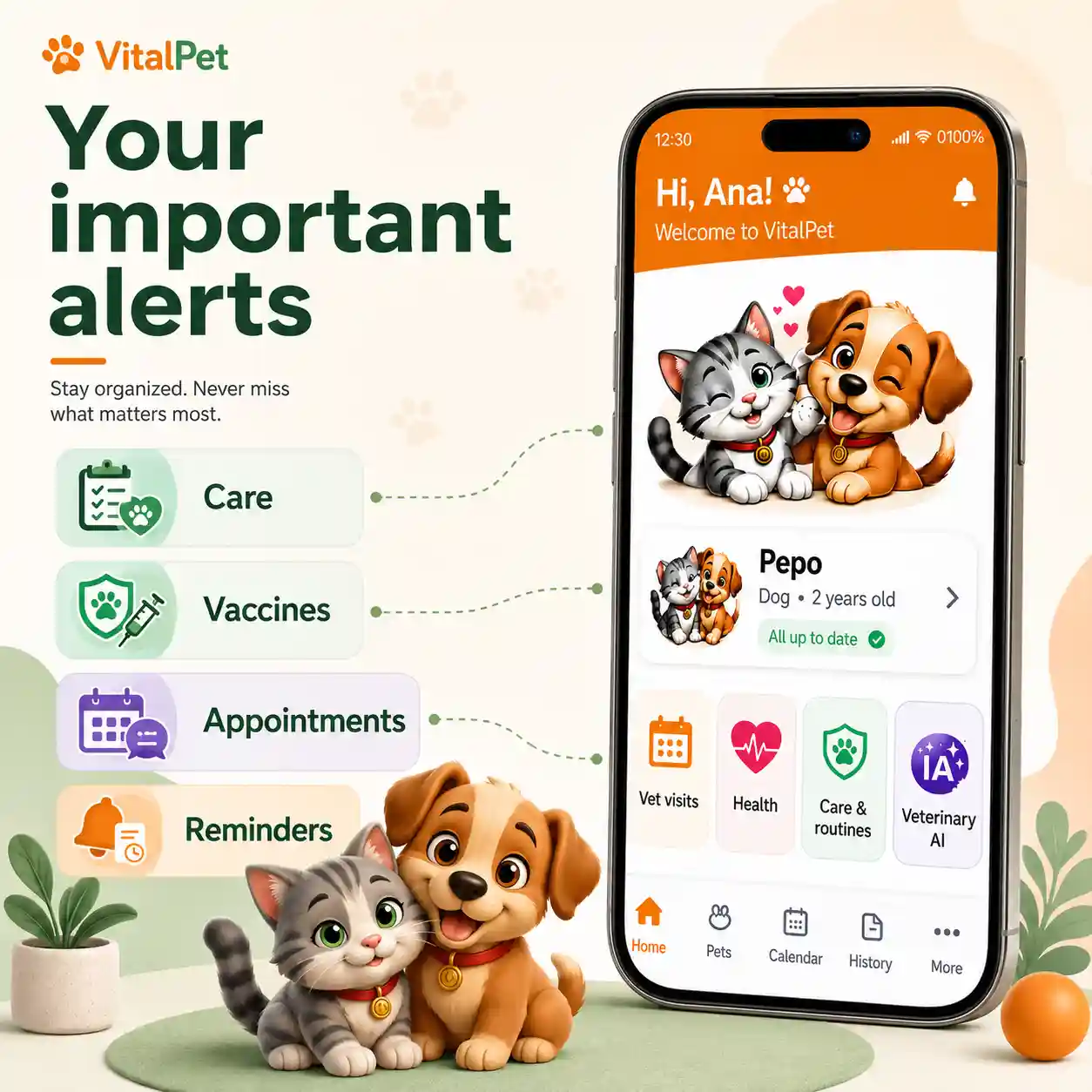VitalPet reminders inbox image showing important pet care alerts in a calm and organized style.