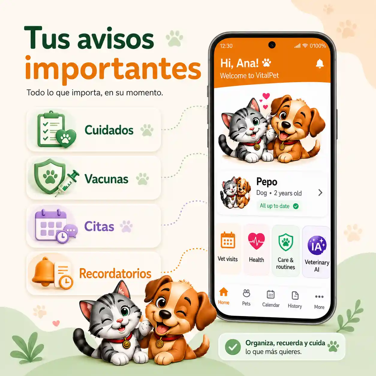 Imagen de inbox de recordatorios de VitalPet con avisos importantes organizados de forma calmada.